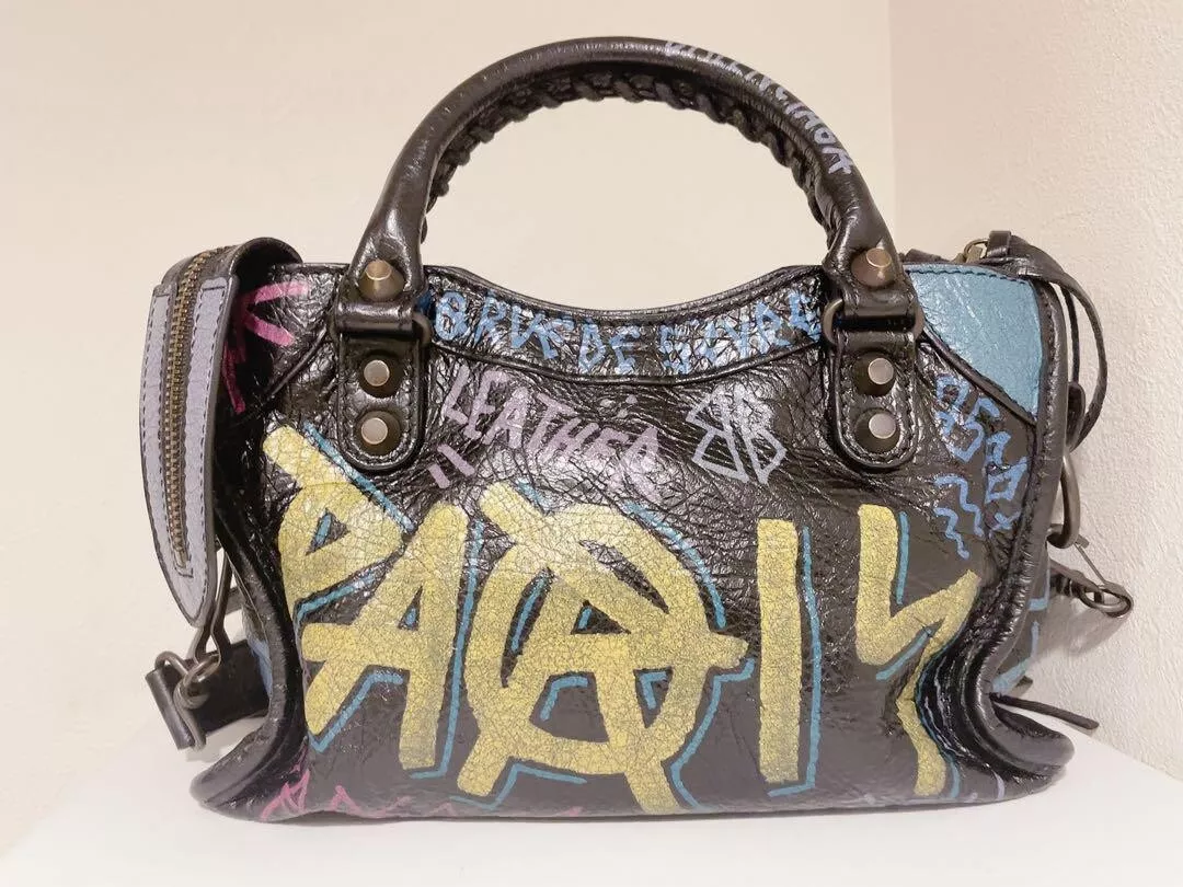 Balenciaga Graffiti Mini City Bag Leather Black Preowned Beautiful