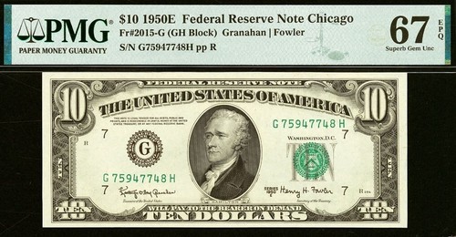 1950E $10 Federal Reserve Note PMG 67EPQ superb gem Chicago Fr 2015-G - Picture 2 of 3