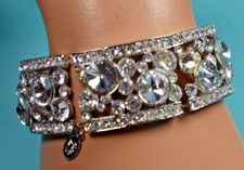 Beautiful Silver Tone Signed Cookie Lee Clear Rhinestone Wide Stretch Bracelet