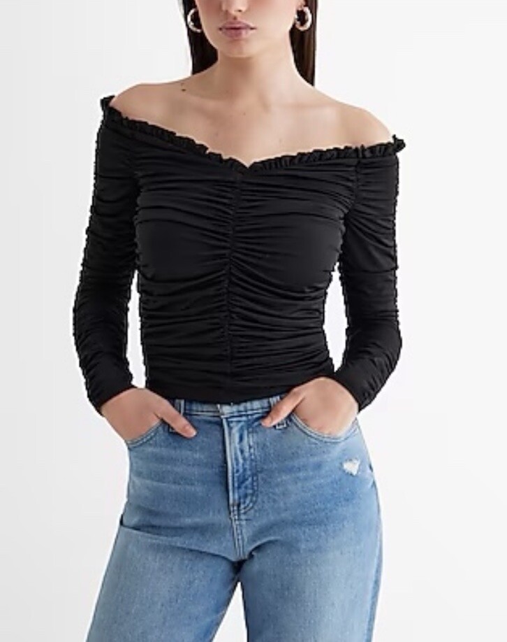 EXPRESS Body Contour Compression Off The Shoulder Ruched Top- Black ...