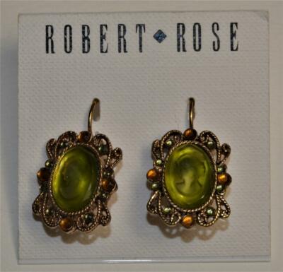 Neu Original Karte Robert Rose Goldfarbig Hellgrün Damen Gesicht Ohrringe