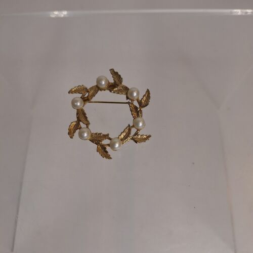 1960s Wreath Faux White Pearls Pin Brooch DuBarry Fifth Ave DFA Gold Tone Vtg - Picture 3 of 9