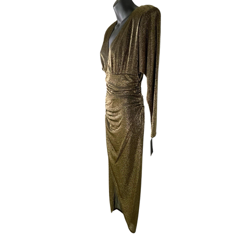 Alexa B Evening Metallic Black Gold Shimmering Dress Ruched Deep V Neck Sz 6 NEW - Picture 9 of 18