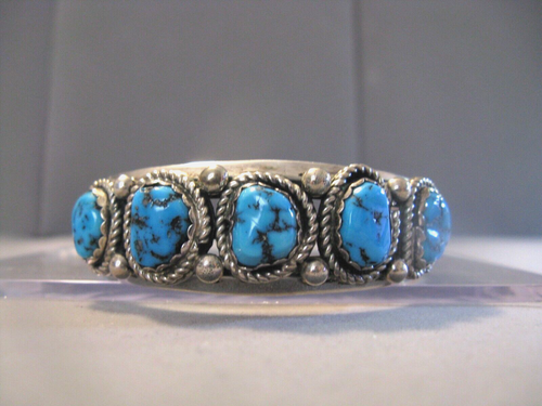 Vintage Indianer Kingman 5 Steine Türkis Armreif Armband Sterling