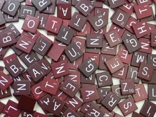 Wood Scrabble Tiles, Maroon Burgundy WHITE Letters, Sold Individual / Separately