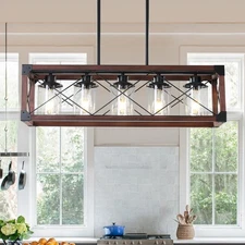 32" Red Wood Pendant Light Farmhouse Hanging Lamp with Clear Glass Shade Fixture