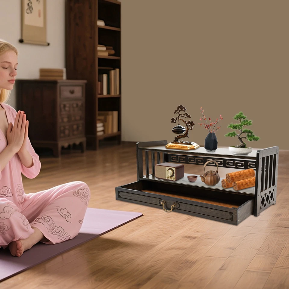 Mesa de almacenamiento de meditación color nogal mesa de altar con cajón organizador de escritorio Foto 3 de 4