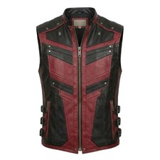 Gothic Distressed Leather Look Vest Red Black Steampunk Biker Waistcoat