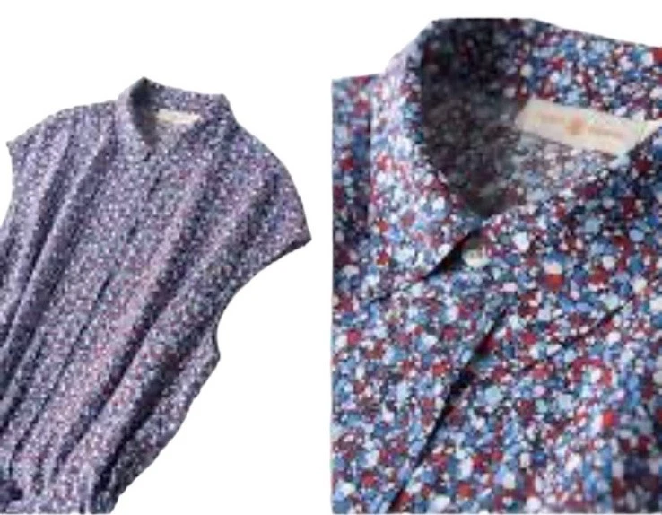 Nuovo abito Tory Burch Gigi seta bluastro viola stampa geometrica cravatta cintura taglia 8