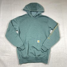 Carhartt Hoodie Mens Size Small Green Loose Fit Logo Sleeve Fleece Pullover