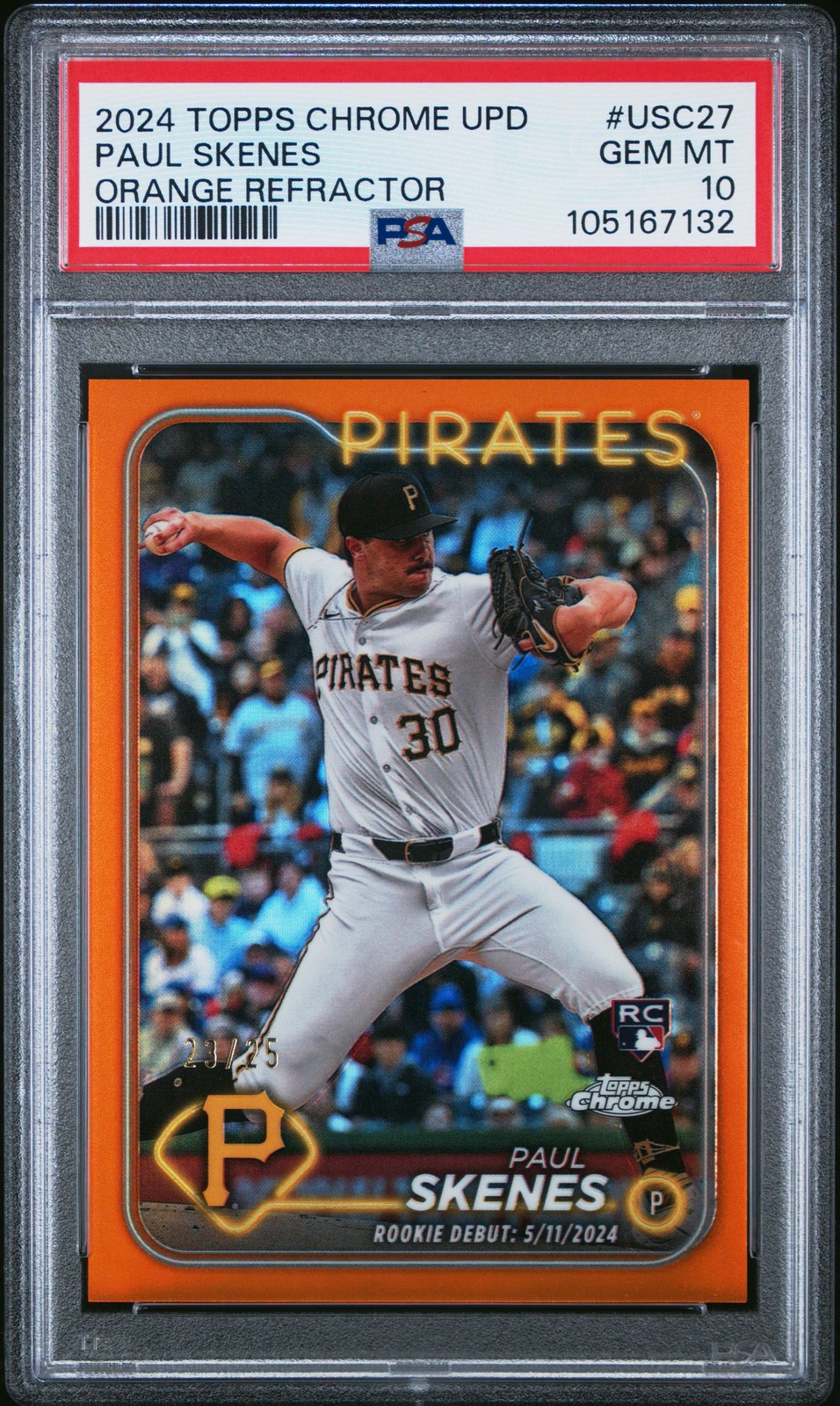2024 TOPPS CHROME UPDATE ORANGE REFRACTOR #USC27 PAUL SKENES 23/25 PSA 10
