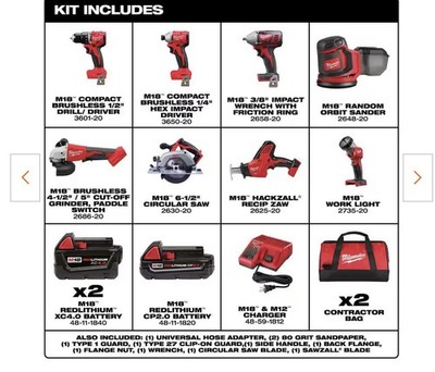 Milwaukee M18 18V Cordless Combo Kit 8-Tool with 3 Batteries, Charger, Bag