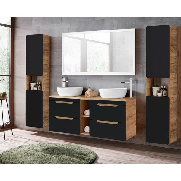 Badezimmer BadmöBel Set 140Cm Waschtisch Unterschrank Led Spiegel 2 HochschräNke-image
