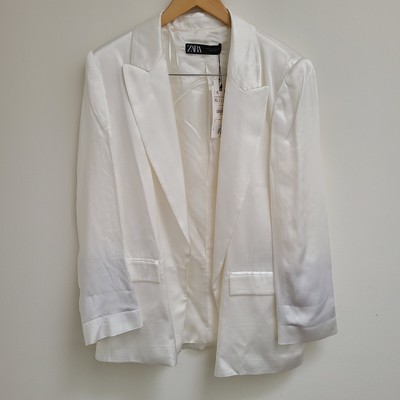 Zara Satin Effect Blazer Off White Relaxed Fit Bloggers Favorite Women s SZ XL