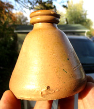 NICE CRUDE STONEWARE CONE INK BOTTLE DOUBLE RING LIP 1860'S ERA CLEAN L@@K