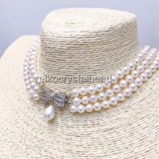 triple strands AAA+ 8-7 mm akoya white pearl necklace 17" 18" 19" necklace