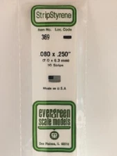 Evergreen # 369 Opaque White Styrene Strips.080" Thick 24" Long .250" Wide A MIB