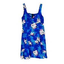 Two Palms Flare Midi Hawaiian Dress Sweetheart Neck Blue w White Pink Orchid 2XL