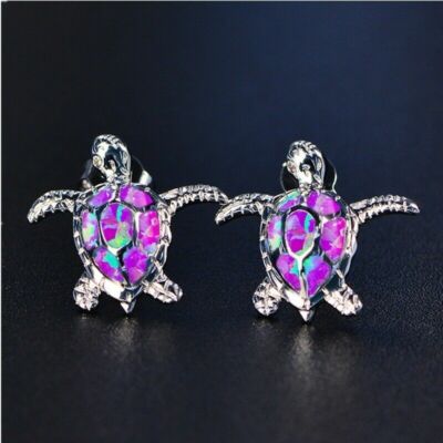 New Petite Silver Plated Resin Purple Fire Opal Turtle Shape Stud Earrings