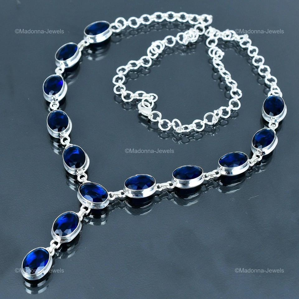 Collar de cadena de cumpleaños de plata de ley 925 con piedras preciosas de iolita ovaladas para la venta del día de la mujer Foto 4 de 4