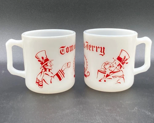 Vintage 1940's Hazel Atlas Milk Glass Tom & Jerry Eggnog Christmas mugs 