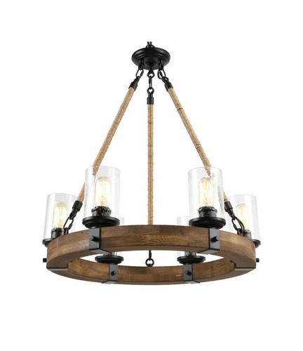 Wood Chandelier Farmhouse Wagon Wheel Dining Lighting Fixtures with Seeded Glass