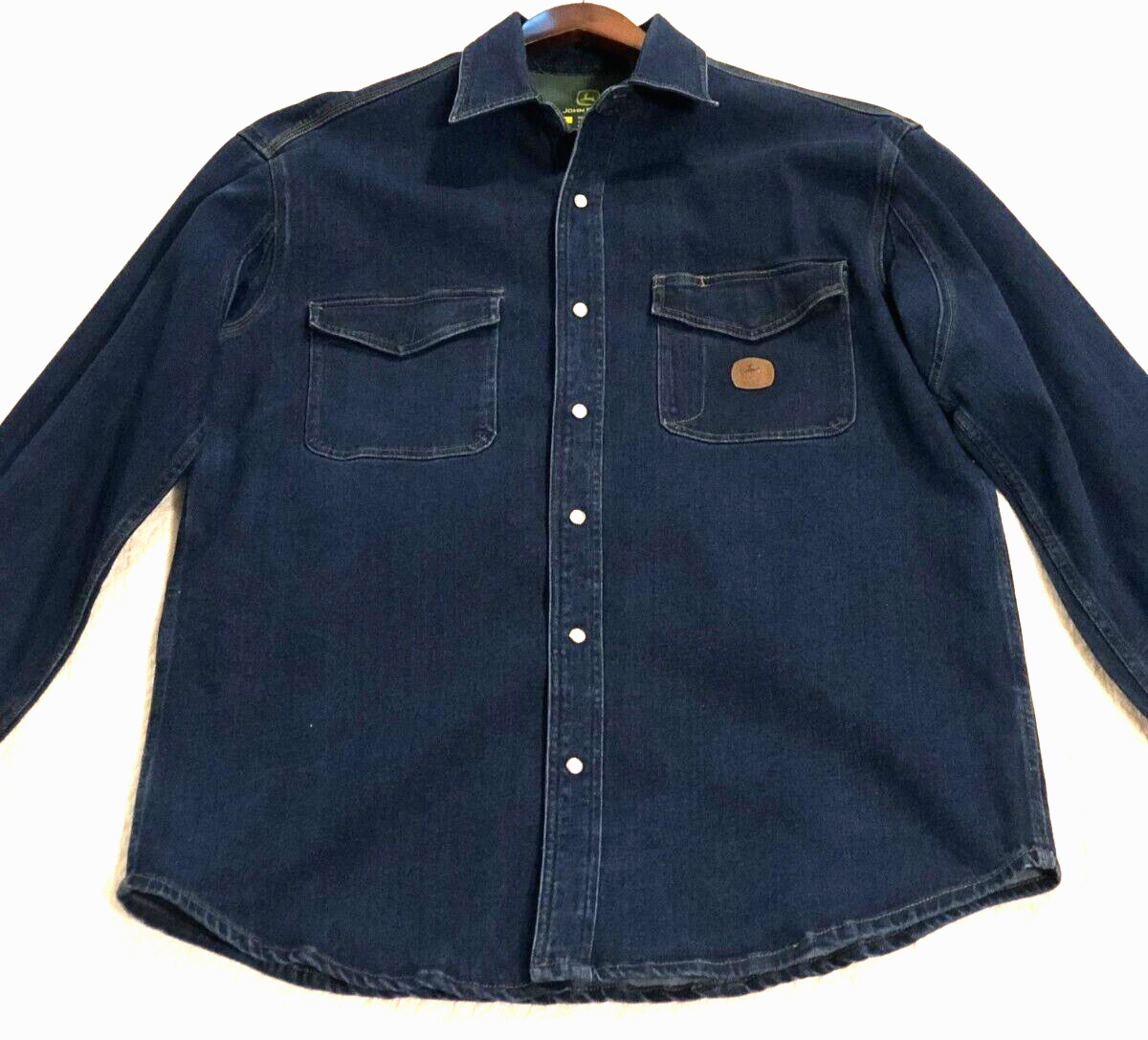 John Deere Denim Blue Utility Shirt Snap Closure Dual Pocket Men's Size