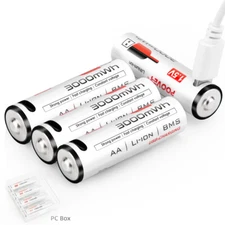4 Li-ion AA Batteries USB Rechargeable 3000mWh LR6 AA Battery 1.5v + Cable