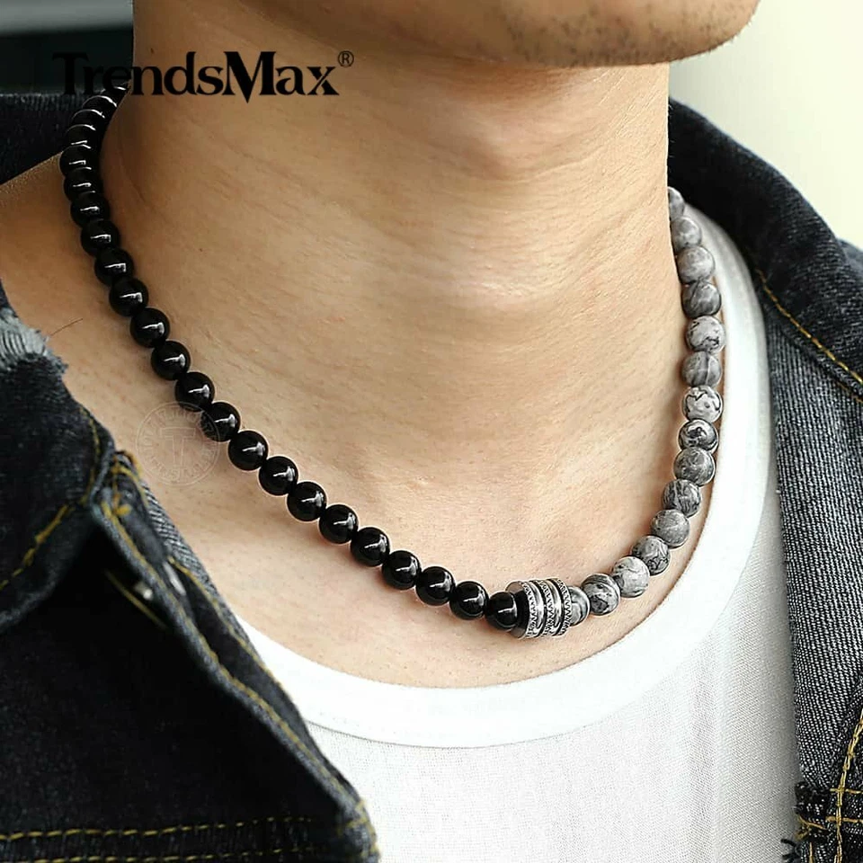 Collar Natural Ojos de Tigre Jaspe Cuentas para Unisex Acero Inoxidable Dije Navidad Foto 4 de 4