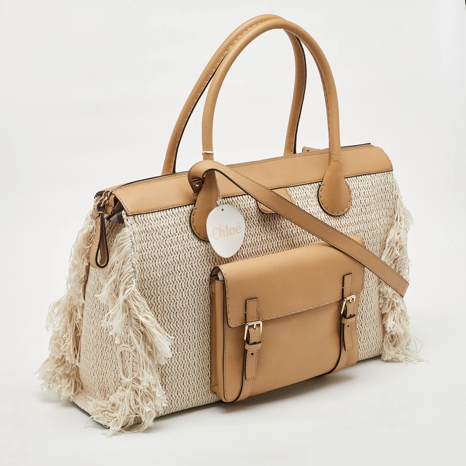 Chloe Cream/Tan Leather and Linen Fringe Edith Oversized Day Bag - Image 3 of 4