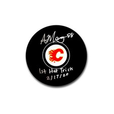 Andrew Mangiapane Calgary Flames Autographed Hockey Puck Inscribed 1st Hat Trick