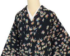 Rare Washable Kimono Crepe with Crane Pattern 163cm Japan