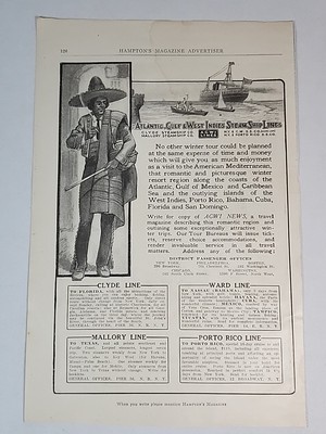 1910 Atlantic, Gulf, West Indies Steam Ship Lines AGWI Print Ad & Baldwin Piano