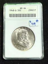 1948 D FRANKLIN HALF DOLLAR ANACS MS 64 *SOAP BOX*