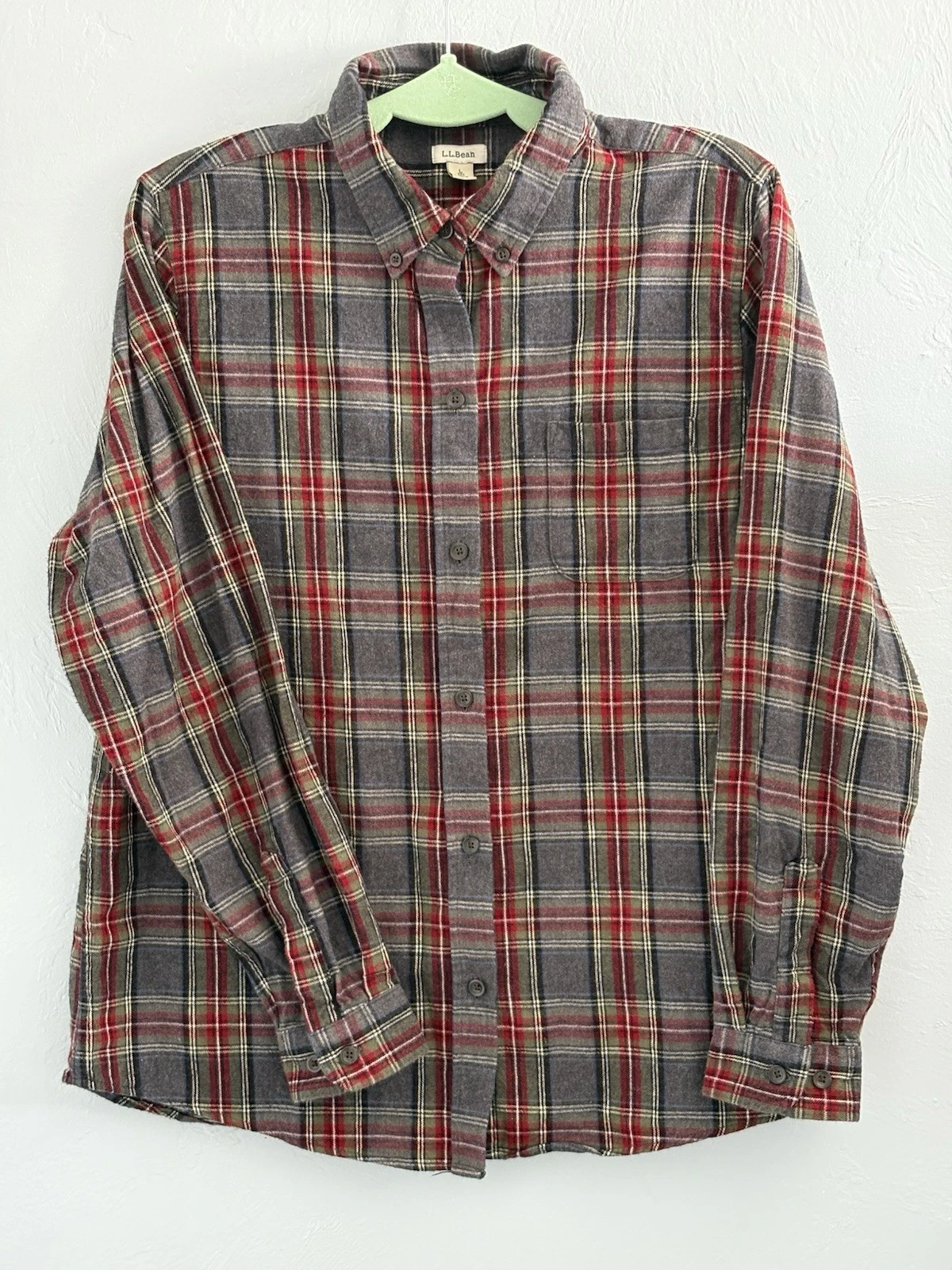 LL Bean Flannel Shirt Slightly Fitted Mens L Gray Red Button Up Plaid Outdoor