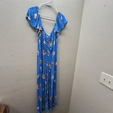 BP NORDSTROM Floral Maxi Dress Off-Shoulder Crinkle Blue Smocked XL Cottagecore