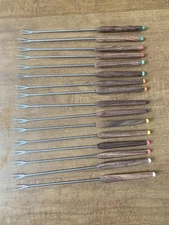 Vintage Fondue Forks Skewers Set of 16 Wood Handle, Colored tips, MCM 70's EUC