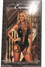 EXPOSED BLACK MAGIC TEDDY WITH SNAP CROTCH  CHAPS SET NEW WITHOUT BOX SIZE L/X