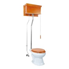 Light Oak High Tank Toilet with White Elongated Bowl Chrome L-Pipe