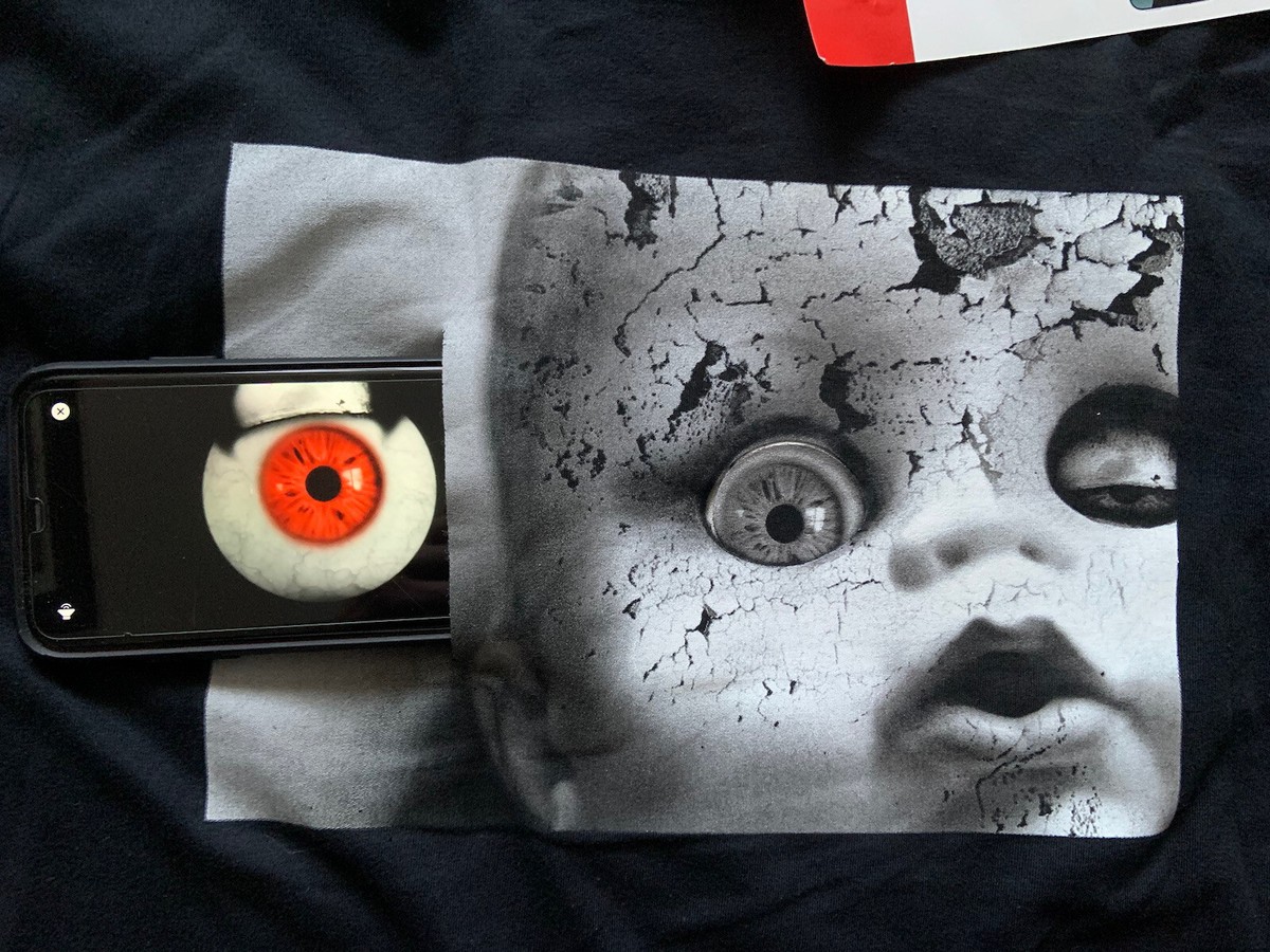 T-shirt Halloween Visage Poupée Effrayant - Taille L, Noir, Coton, Neuf Avec étiquettes