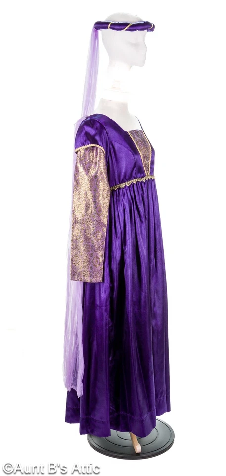 Vestido de doncella renacentista 2 piezas púrpura satinado y dorado brocado vestido y tocado Foto 3 de 4