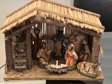 Vintage Nativity Set 10 Piece Real Wood Stable And Ceramic Figurines - READ
