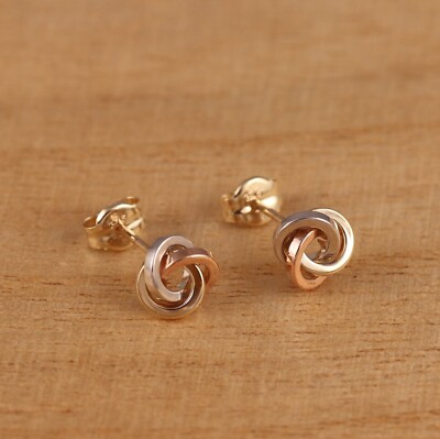 Genuine 9ct Gold 3-Colour Love Knot 6mm Stud Earrings 3-Tone Gold a Pair  Boxed UK