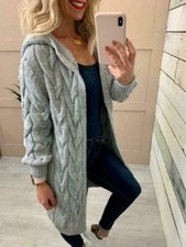 Plus Size Ladies Chunky Cable Knitted Oversized Long Hooded Cardigan Jumper Cape