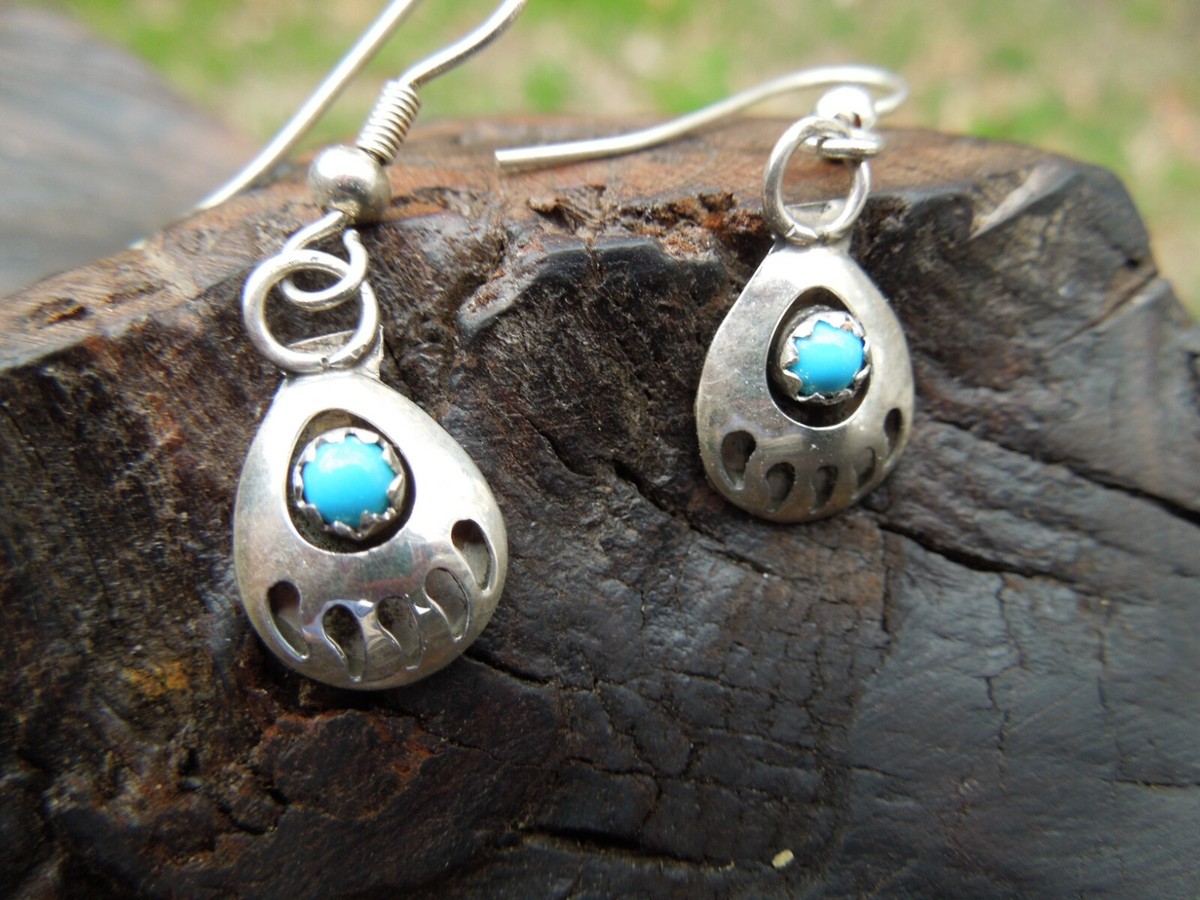 Sterling Silver and Turquoise Southwest Bear Claw Petite Dangle Earrings View 6
