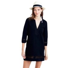J Crew Cotton Embroidered Tunic Coverup Mini Dress Black 3/4 Sleeve Size Small