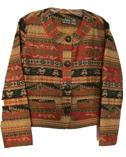 CHICO’S Medium 1 Aztec Southwest Button Down Orange Tan Green Blazer Jacket U35 - Picture 2 of 11