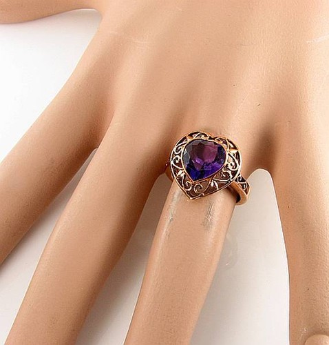 LARGE 9K 9CT ROSE GOLD AFRICA AMETHYST HEART ART DECO INS RING FREE RESIZE - Picture 5 of 6