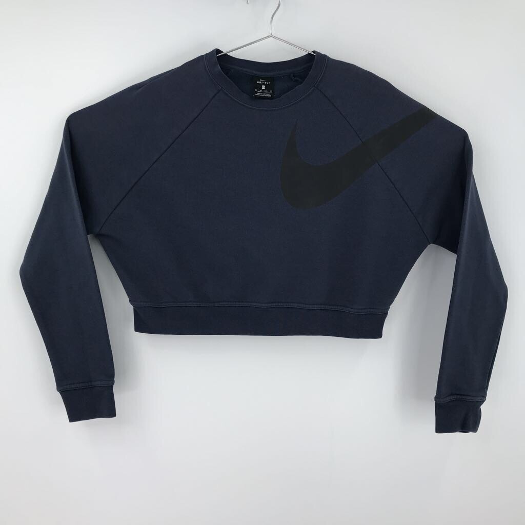 Big Swoosh Nike Womens Cropped Sweatshirt Crew Blue Pullover Dri Fit  Stretch XS | eBay