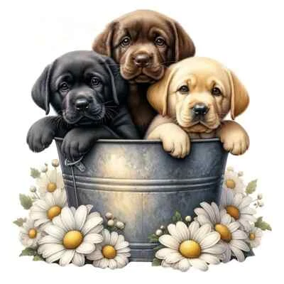 beautiful labrador puppies in a bucket 5d diamond art kit 20x20cms